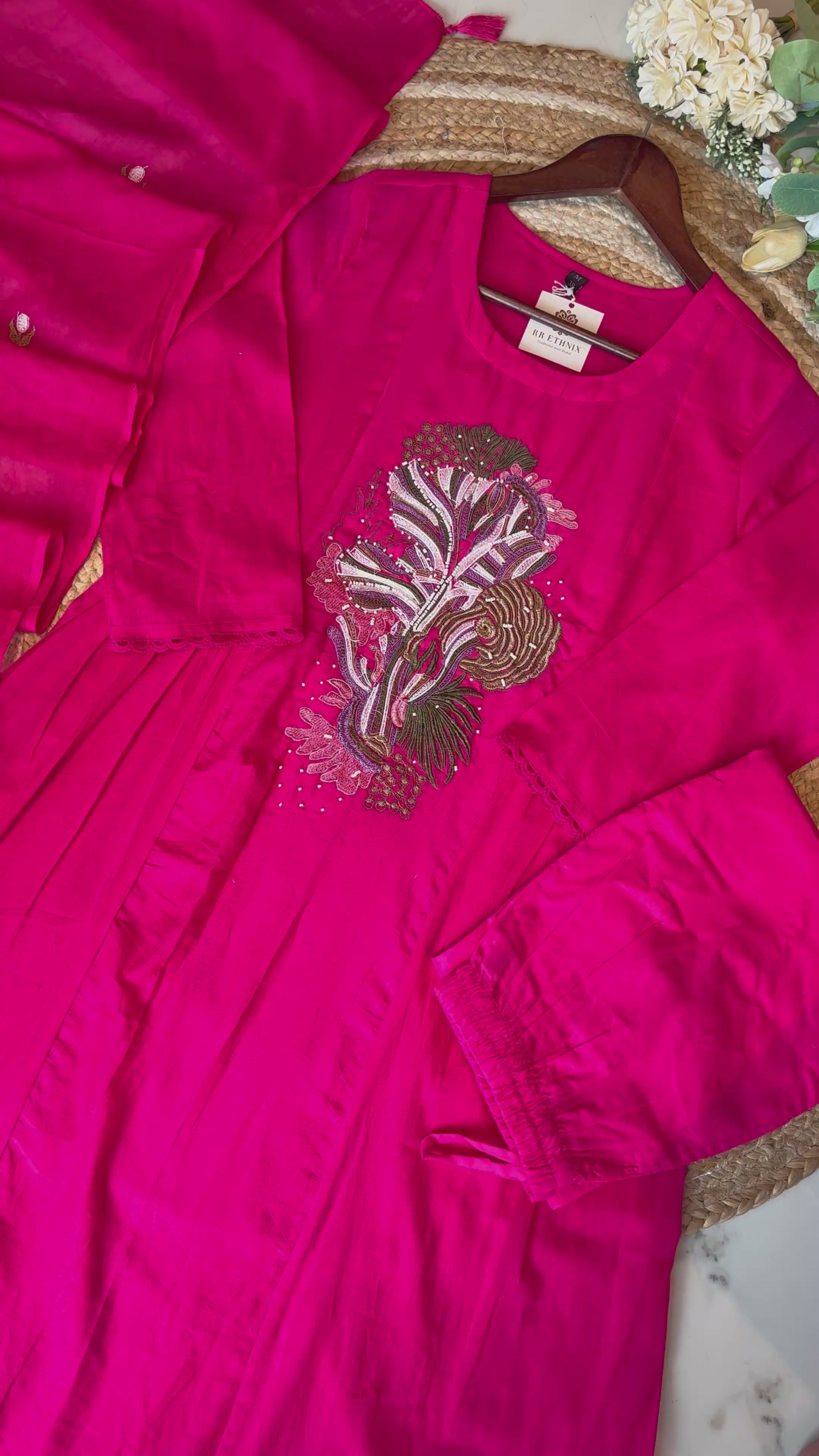 Premium Quality Pure Mul Cotton Embroidered Anarkali Kurti Pant Dupatta Set With Mul Cotton Lining Inside.