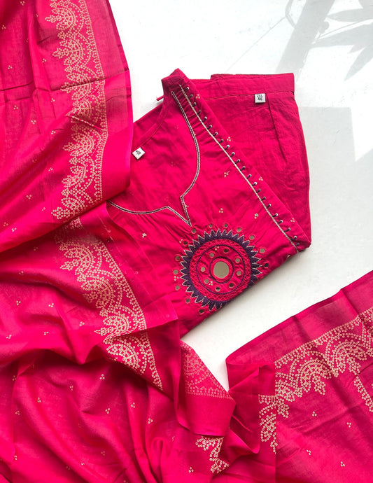 Rani Pink Cotton 60's Kurta Set 3pc | Real Mirror Hand Work Yoke with Dupatta | Premium Festive & Wedding Wear