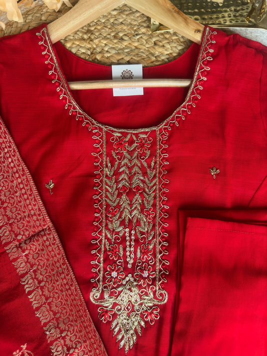 Mul Chanderi Bright Red suit with Gold Zardosi Work and banarasi Dupatta