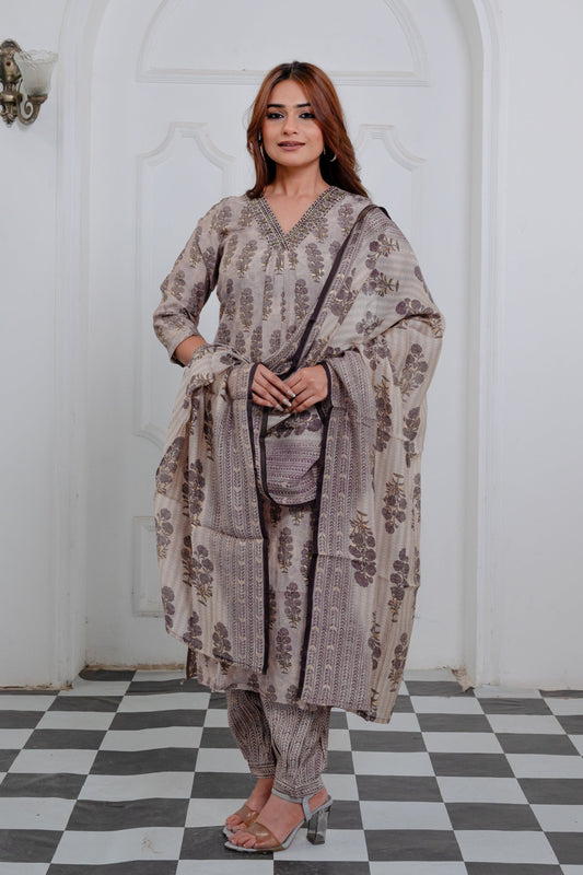 Taupe Light Brown Muslin Suit Set with Ethnic Hand block Print