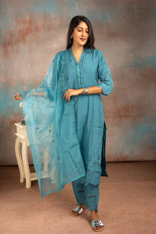 Teal Blue Muslin Salwar Suit Set with Embroidery