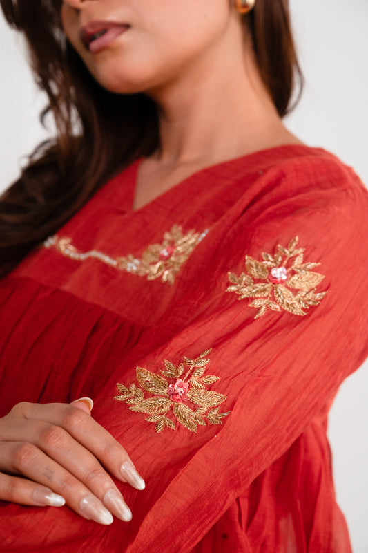 Burnt Vermilion Dark orange Mul Chanderi Silk Suit Set with Embroidered Sleeve Detail