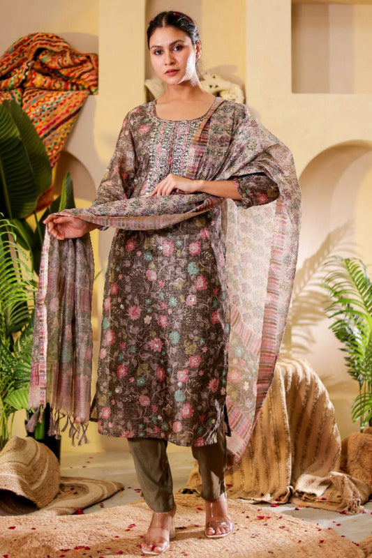 Taupe Brown Kota Doria Suit Set with Floral Buta Print & Embroidered Yoke
