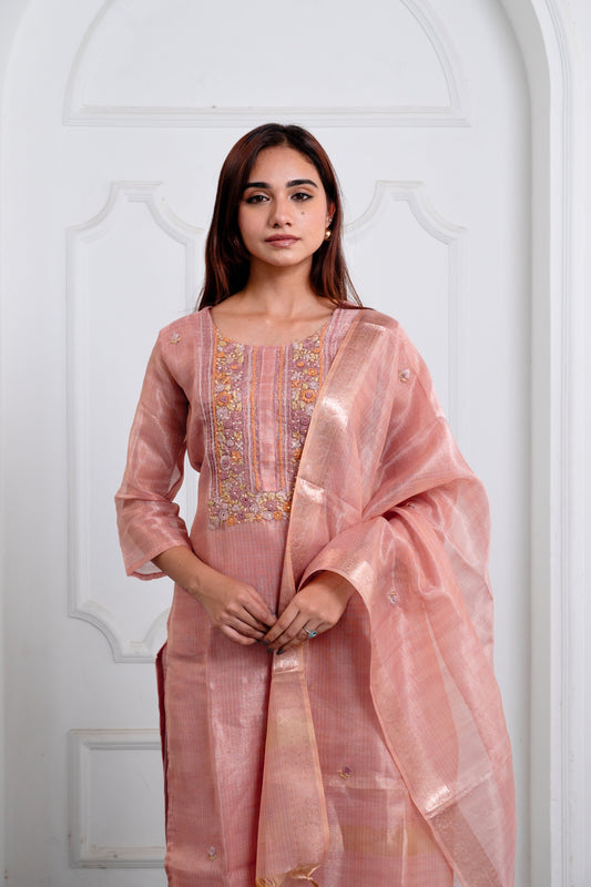 Muted Coral Pink Embroidered Kota dori Suit Set