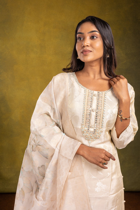 Cream Silk Cotton Salwar Suit Set