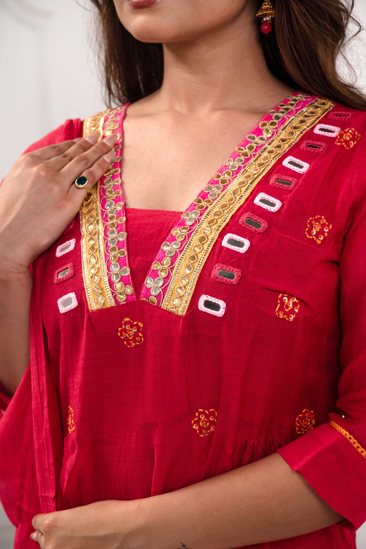 Festive Cerise Rani Pink Mirror work Mul Chanderi Suit