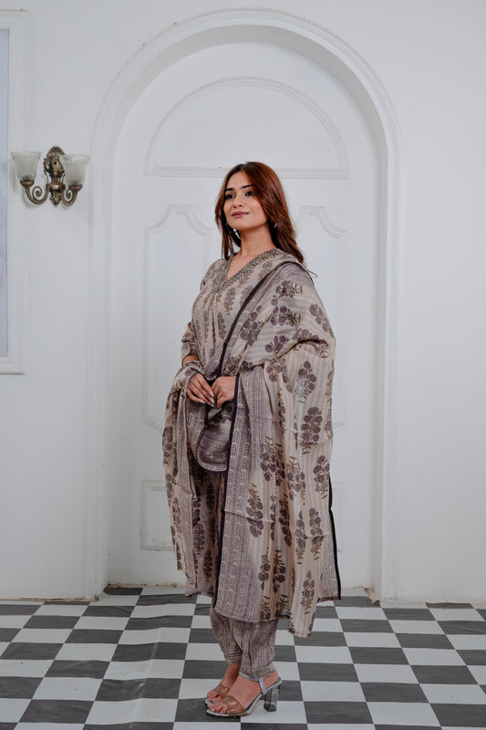 Taupe Light Brown Muslin Suit Set with Ethnic Hand block Print