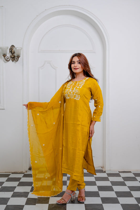 Mustard Yellow Dola Silk Suit Set with Organza Dupatta & Hand Embroidery