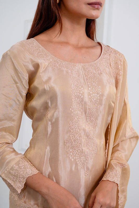 Nude Beige Tissue Suit Set with Kolkata Handwork & Sequin Accents