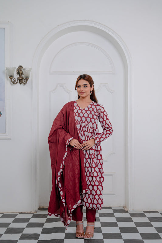 Ruby Maroon Hand-block Cotton Anarkali Suit Set with Sequin Accents