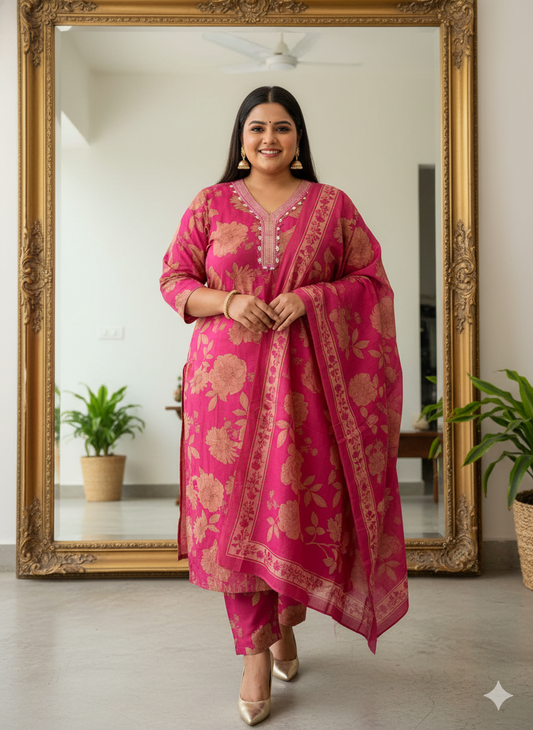 Plus Size Pink Floral Cotton Salwar suitā Kurti with Pant & Dupatta | Elegant V-Neck,Embellished Work & Soft Fabric