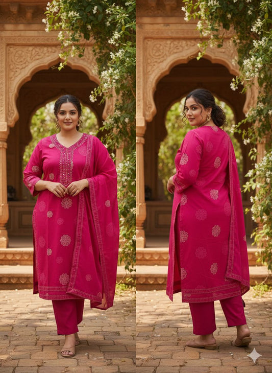 Magenta Pink Plus Size Kurta Pant Set with Dupatta - Embroidered Ethnic Wear