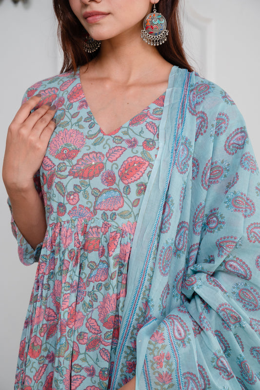 Dusty Ocean Blue Cotton Anarkali Suit Set with Sanganeri Handblock Floral Print