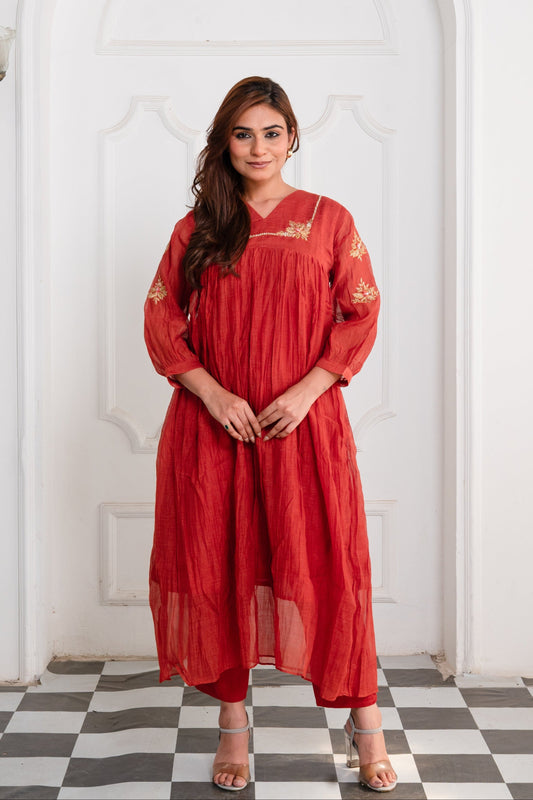 Burnt Vermilion Dark orange Mul Chanderi Silk Suit Set with Embroidered Sleeve Detail