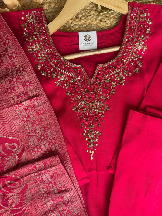 Roman Silk hot pink zardosi work with Banarasi dupatta