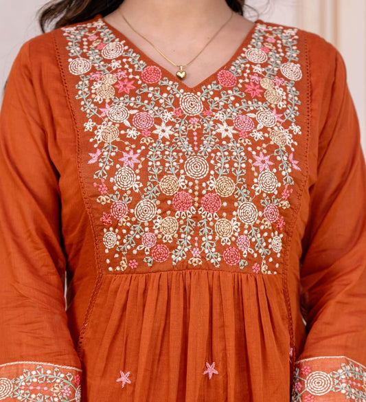 Rust Orange Mulmul Cotton Embroidered Kurta Set with Dupatta & Pant with lining | Ethnic Festive Wear for Women