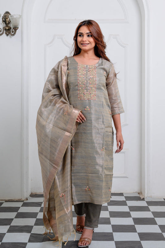 Bottle Green Suit Set with Golden Hues, Moti Work & Hand Embroidery