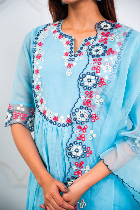 Sky Blue Organza Embroidered Suit Set