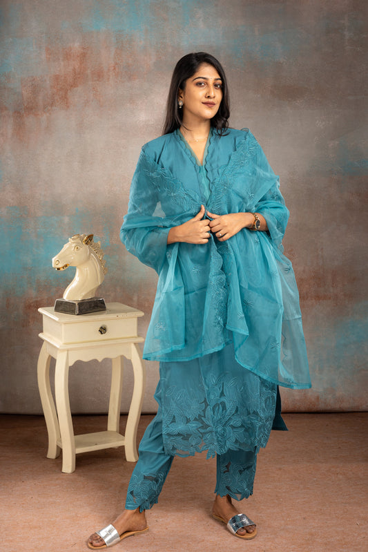 Teal Blue Muslin Salwar Suit Set with Embroidery