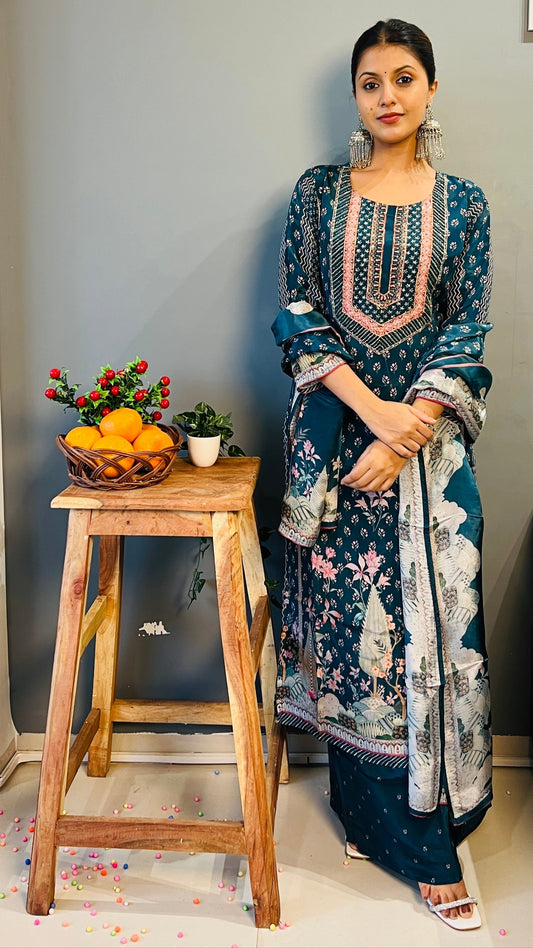 Teal Blue Crepe Suit Set with Ajrak Print & Hand Embroidered Neckline