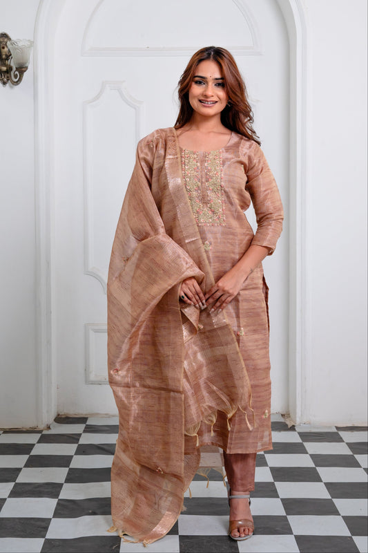 Muted Terracotta Brown Embroidered Kota Dori Suit Set