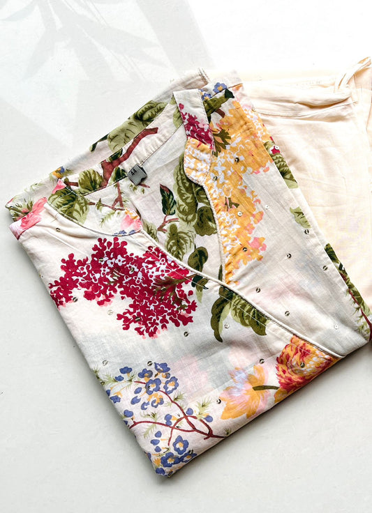 Women's Floral Angrakha Kurti pant 2pc Set | Floral Print Cotton60's