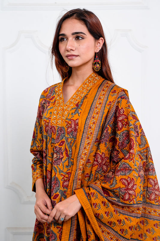 Burnt Mustard Cotton Suit Set with Embellished Neckline and Burgundy-Grey Print
