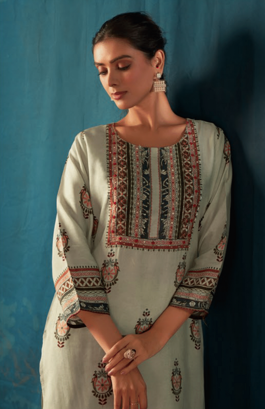 Pastel Pista Green Muslin Suit Set with Warli Print & Organza Dupatta