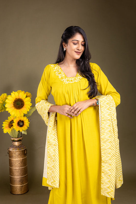 Marigold Yellow Rayon Salwar Suit Set with Striped Dupatta