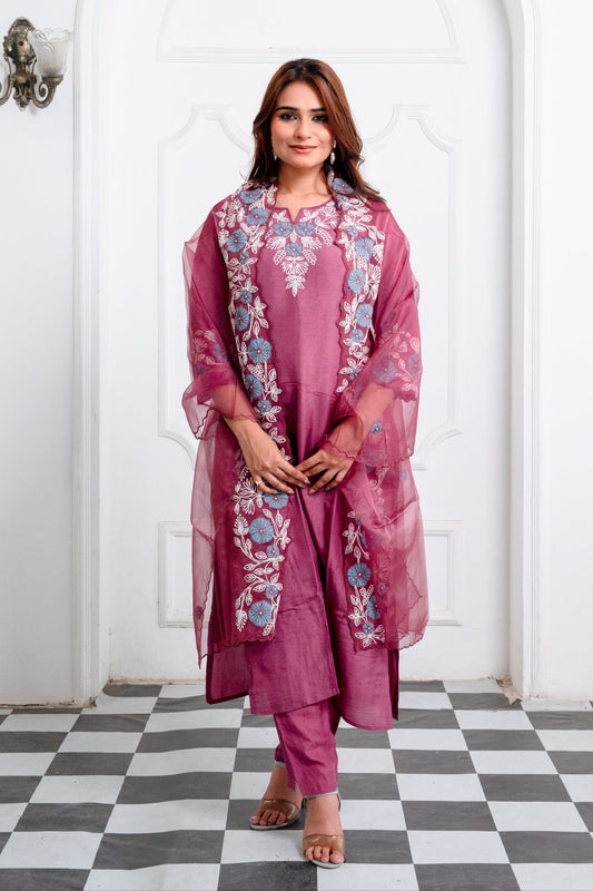 Mulberry Pink Russian Silk Suit Set with Hand Appliqué Work