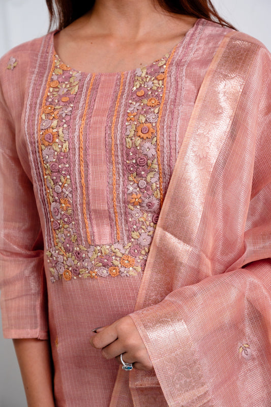 Muted Coral Pink Embroidered Kota dori Suit Set