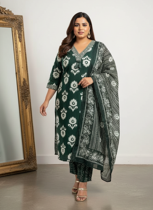 Dark Green Ikat Print Cotton Kurta Set with Embroidered Neck | Women's Casual Wear