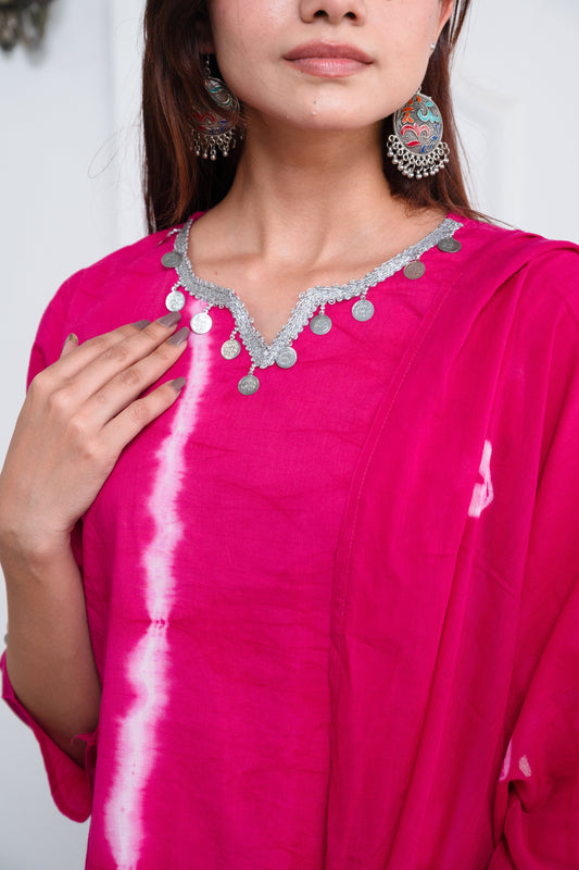 Magenta Rani Pink Shibori Dye Cotton Suit Set with Silver Lace Trim