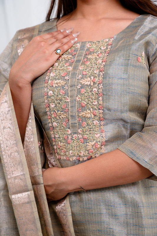 Bottle Green Suit Set with Golden Hues, Moti Work & Hand Embroidery