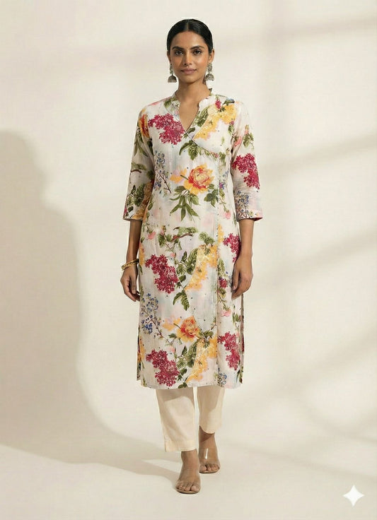 Women's Floral Angrakha Kurti pant 2pc Set | Floral Print Cotton60's