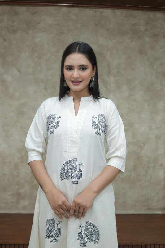 Sustainable Khadi Cotton Kurta Set | A-Line Kurti with Dark blue Peacock Embroidery & Palazzo 2pc suit