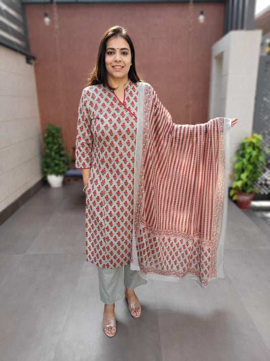 Heritage Hand Block Print Cotton Angrakha Kurta Set with Dupatta