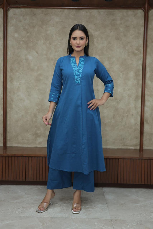 Royal Blue Embroidered Cotton Kurta with Palazzo Set | Comfort Wear