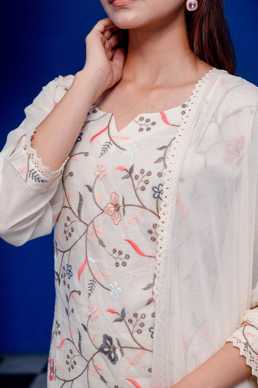 Embroidered Cream Suit Set with Coral Peach Dupatta