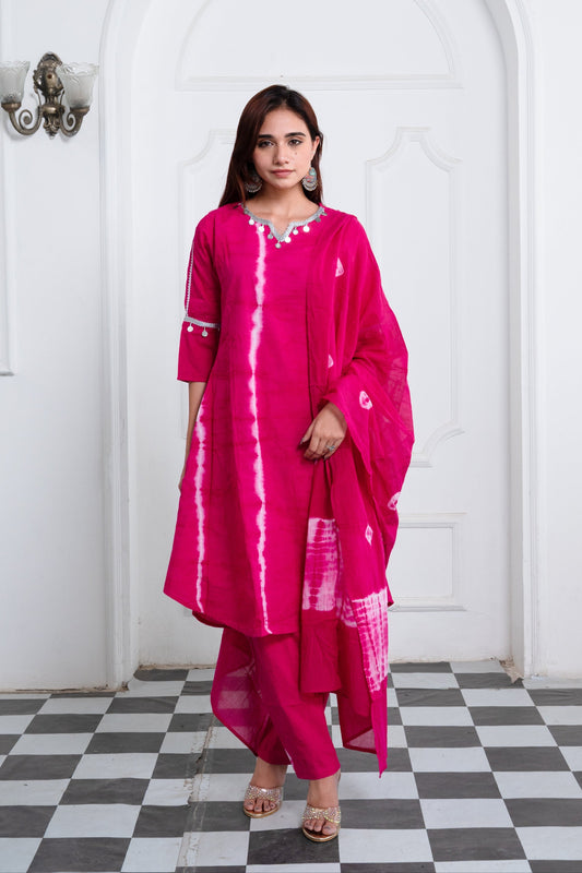 Magenta Rani Pink Shibori Dye Cotton Suit Set with Silver Lace Trim