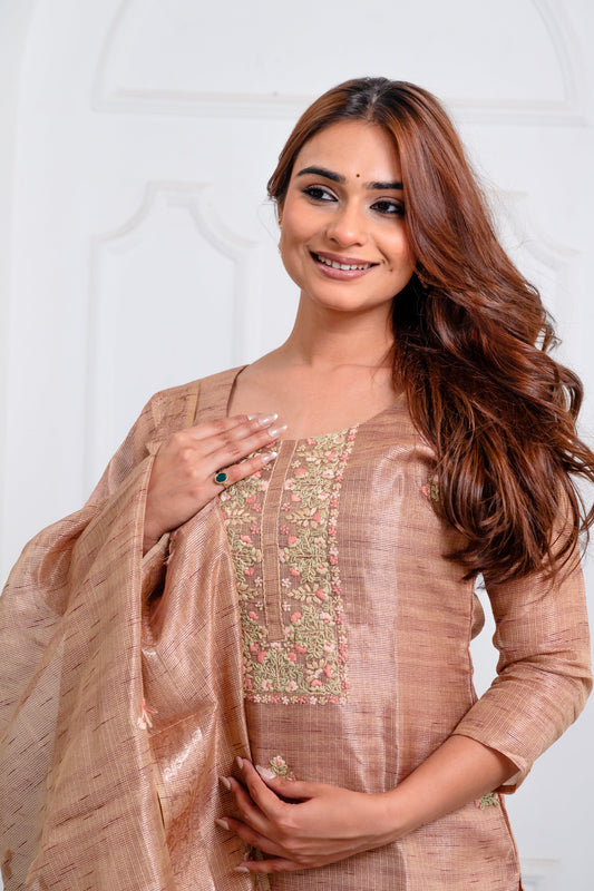 Muted Terracotta Brown Embroidered Kota Dori Suit Set