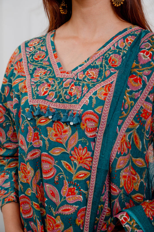 Teal Green Cotton Suit Set with Rust Floral Print & Sequin Dupatta