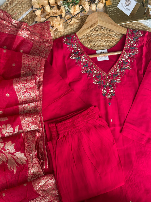 Roman Silk Hot Pink Embroidered Suit with Banarasi Dupatta