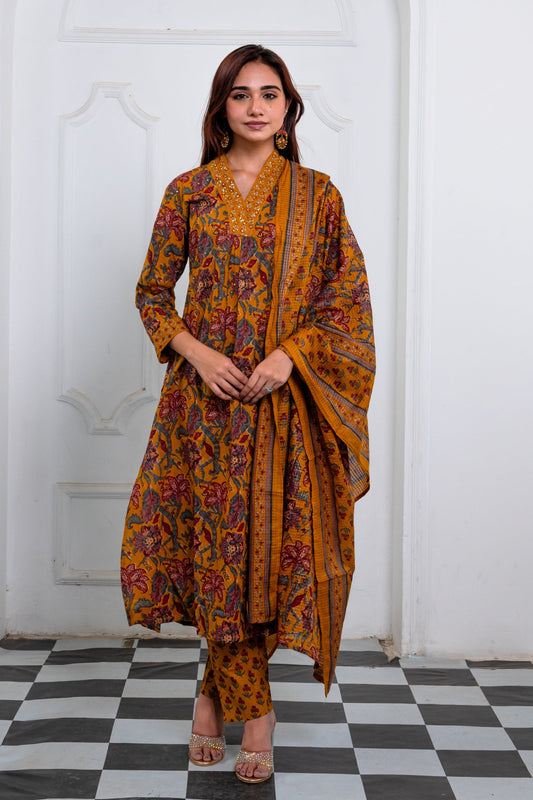 Burnt Mustard Cotton Suit Set with Embellished Neckline and Burgundy-Grey Print
