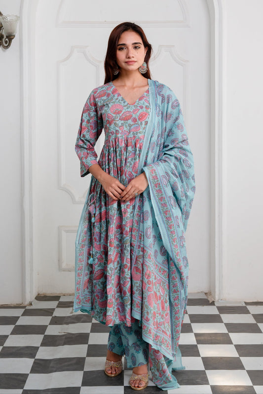 Dusty Ocean Blue Cotton Anarkali Suit Set with Sanganeri Handblock Floral Print