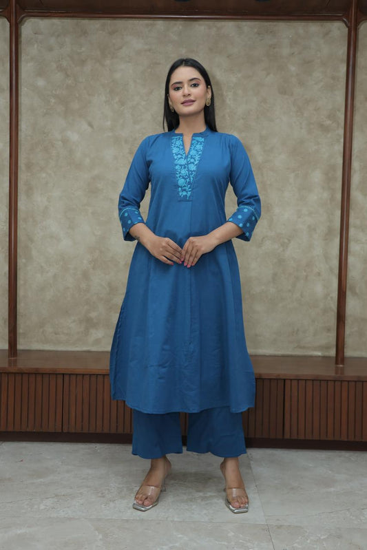 Royal Blue Embroidered Cotton Kurta with Palazzo Set | Comfort Wear