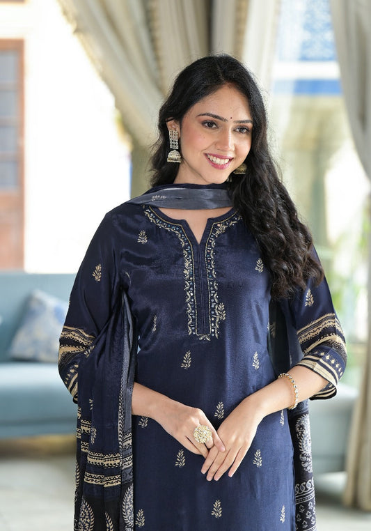 Dark Blue Crepe Suit Set with Hand block Dupatta & Thread work Neck