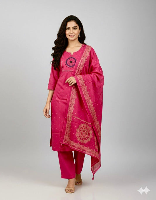 Rani Pink Cotton 60's Kurta Set 3pc | Real Mirror Hand Work Yoke with Dupatta | Premium Festive & Wedding Wear