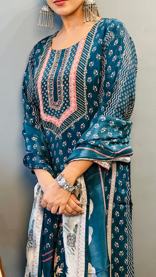 Teal Blue Crepe Suit Set with Ajrak Print & Hand Embroidered Neckline