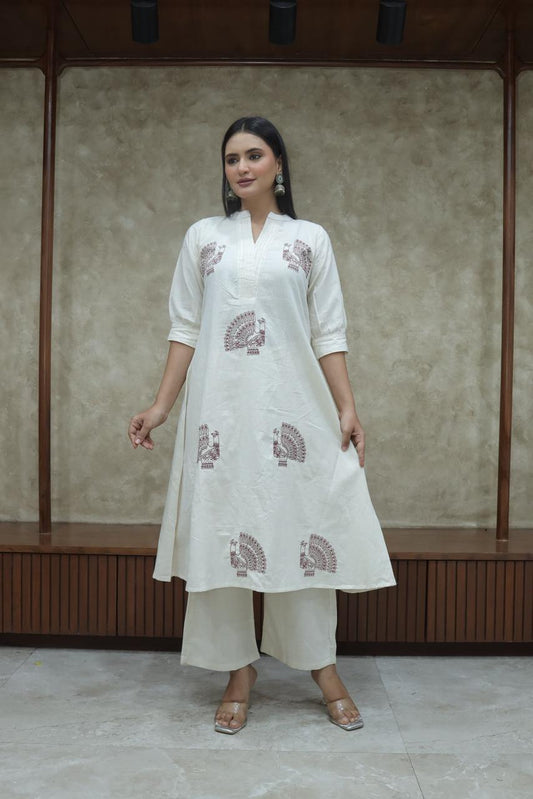 Sustainable Khadi Cotton Kurta Set | A-Line Kurti with Maroon Peacock Embroidery & Palazzo 2pc suit